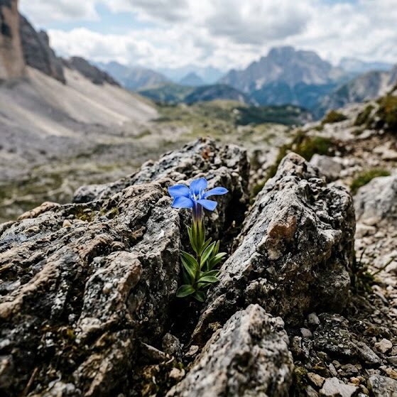 Blue wildflower growing between jagged rocks with a distant mountain valley in the background.
