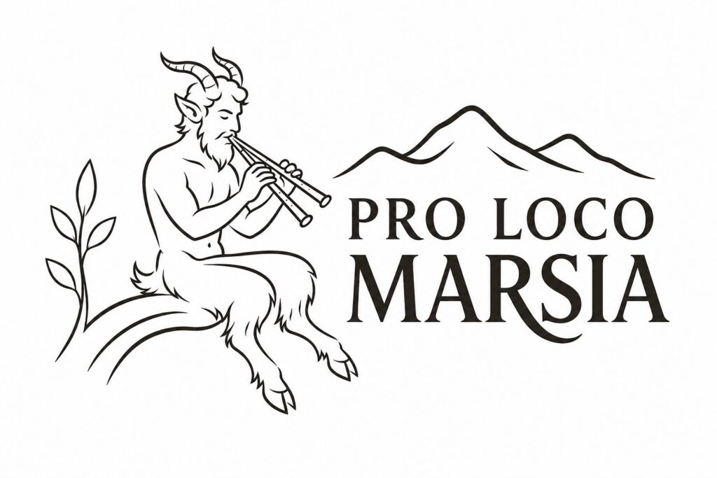 Line drawing of a horned satyr playing panpipes beside mountains and the words PRO LOCO MARSIA logo.