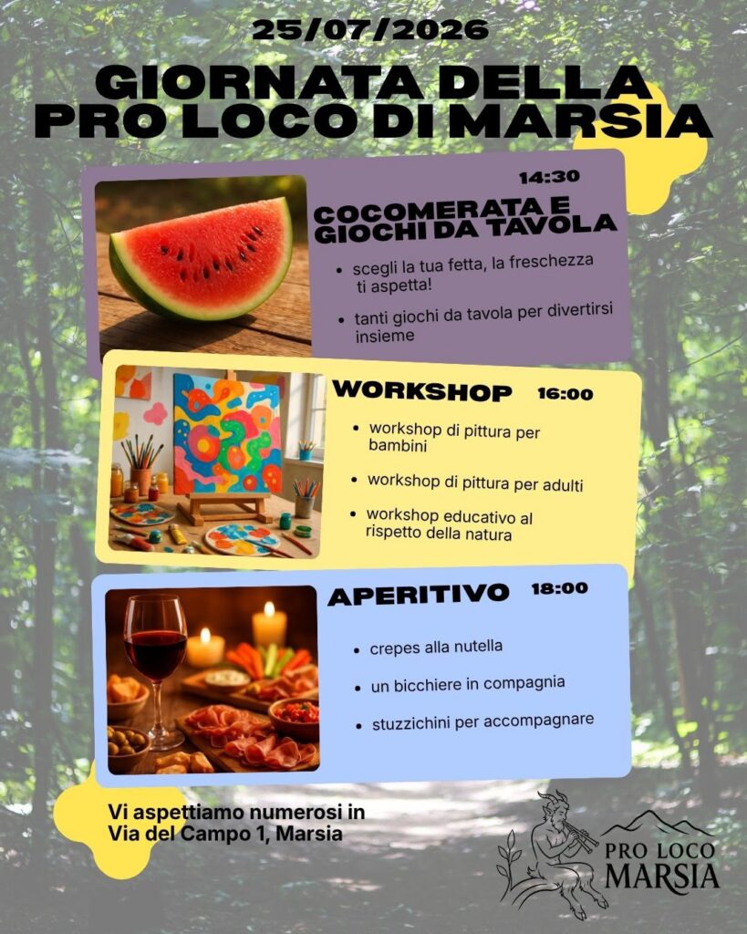 WhatsApp Image 2026-07-16 at 095847 - Proloco Marsia Poster promozionale: Giornata della Pro Loco Marsia, 25/07/2026, con giochi da tavola, workshop e aperitivo.