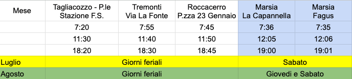Timetable showing departure times for July and August across several routes from multiple stations; weekdays and weekend days indicated by color blocks.