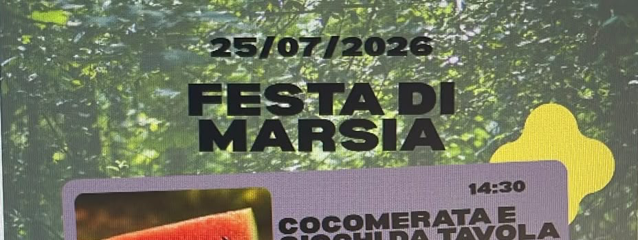 image - Proloco Marsia Poster for Festa di Marsia (25/07/2026) featuring activities: watermelon snack, board games workshop, kids and adults painting workshop, aperitivo, and location Via del Campo 1, Marsia; sunset-style colors and woodland background.
