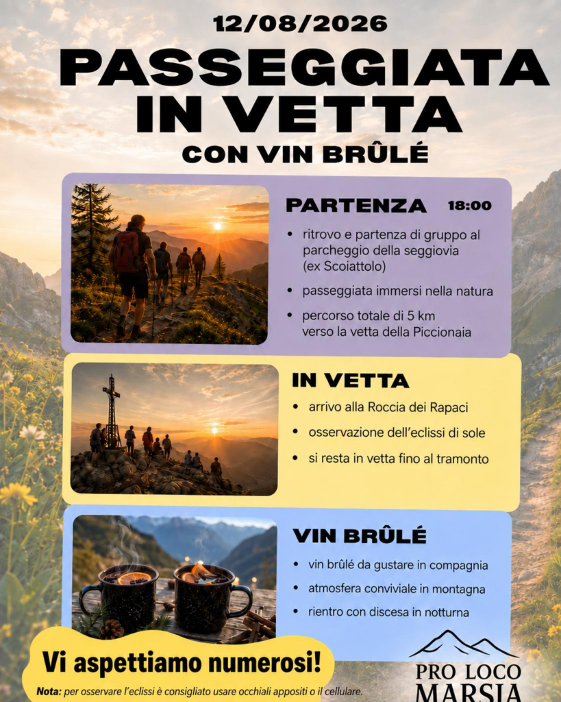 Poster announcing 12/08/2026: Passeggiata in Vet­ta con Vin Brulé, with hiker photos and schedule sections PARTENZA, IN VETTA, VIN BRULÉ.