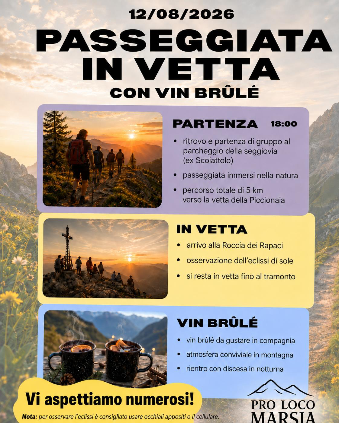 Poster announcing 12/08/2026: Passeggiata in Vet­ta con Vin Brulé, with hiker photos and schedule sections PARTENZA, IN VETTA, VIN BRULÉ.